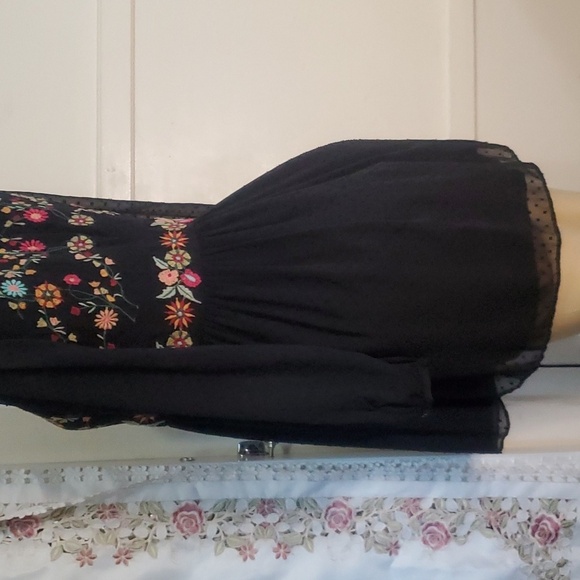 ZARA Floral Embroidered Black Sheer Swiss Dot Long Sleeve Boho Mini Dress S - Picture 7 of 9